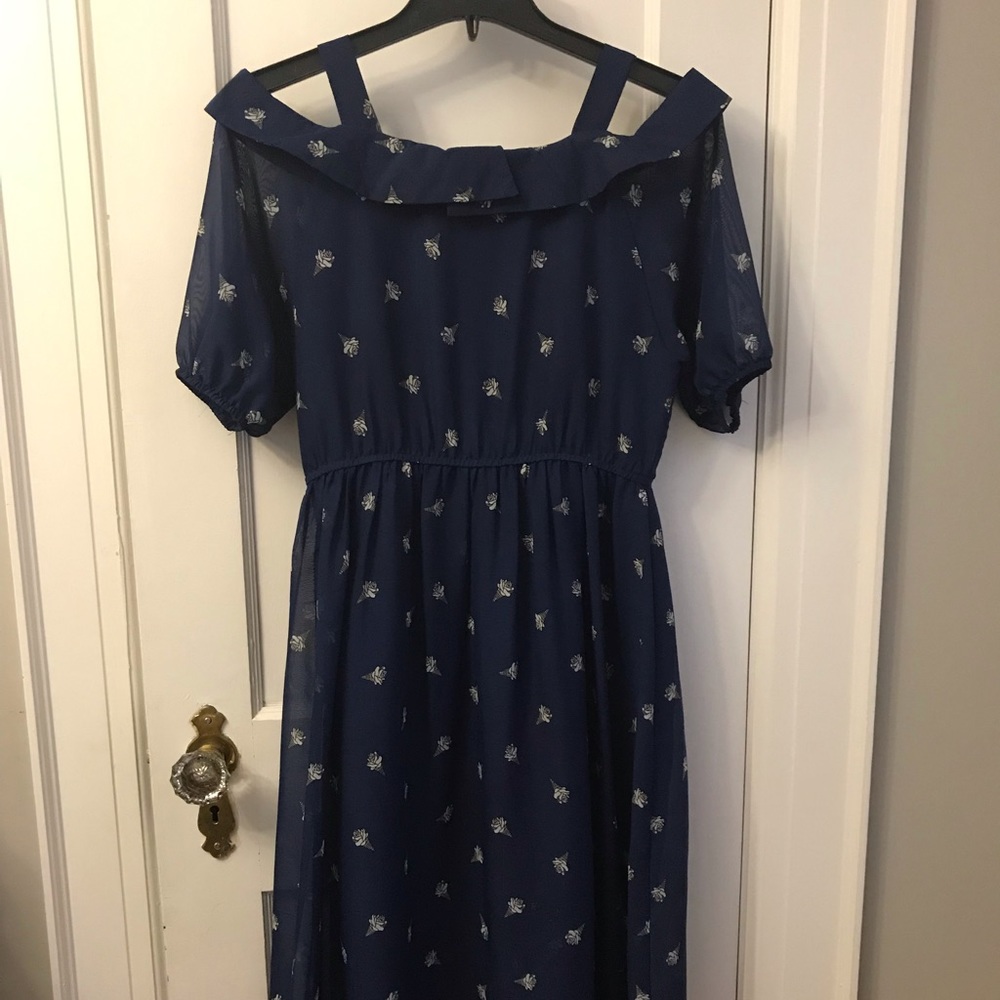 Patterned Navy cold shoulder dress